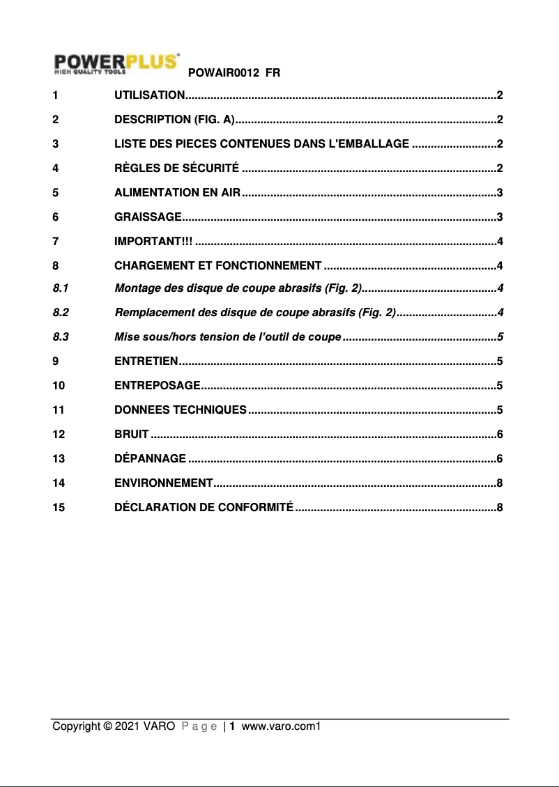 Page n°1 - Manuel utilisateur PowerPlus POWAIR0012