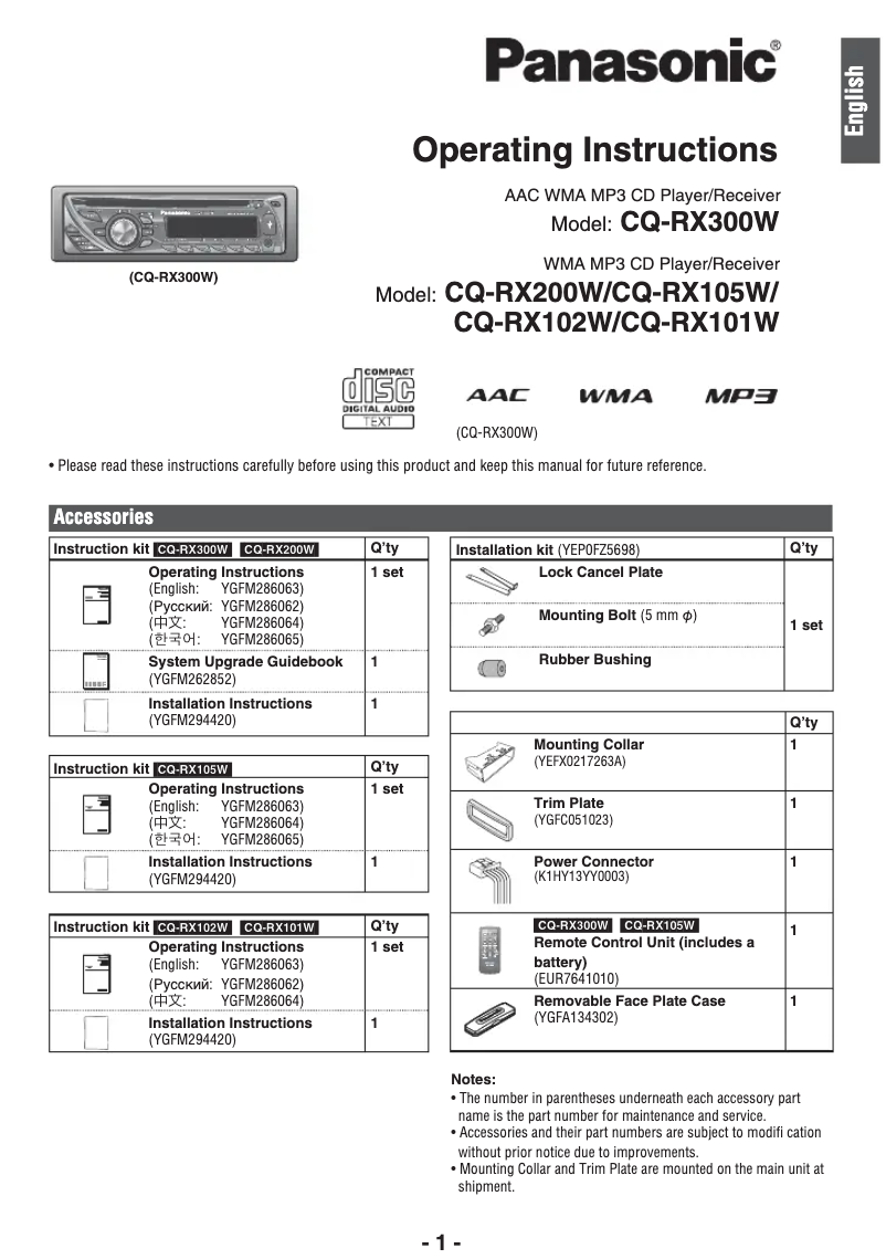 Image de la première page du manuel de l'appareil CQ-RX105W