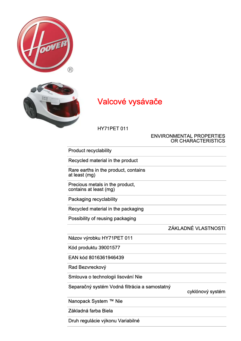 Page n°1 - Fiche technique Hoover HY71PET 011
