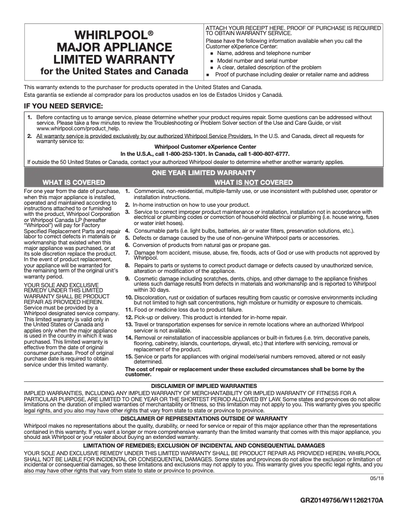 Page 1 de la notice Informations de garantie Whirlpool UXT5230BDS