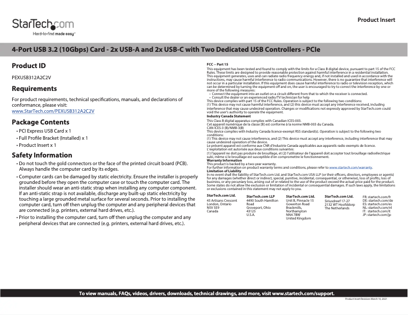 Page 1 de la notice Manuel utilisateur StarTech.com PEXUSB312A2C2V