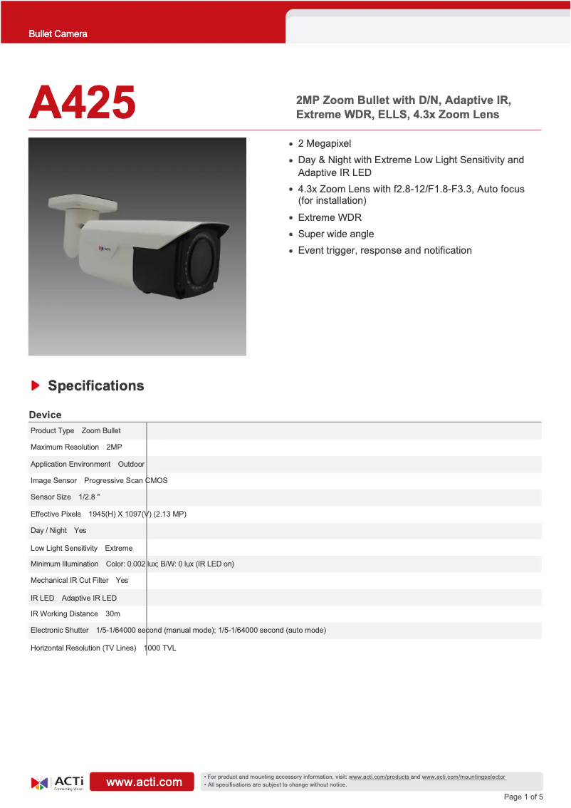Page 1 de la notice Fiche technique ACTi A425