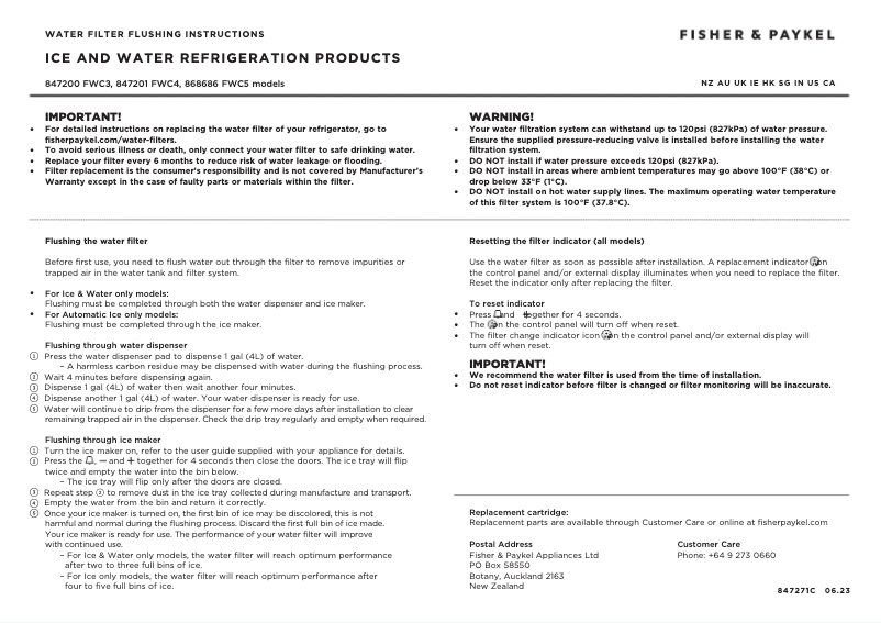 Page n°1 - Guide d'installation Fisher & Paykel 847200