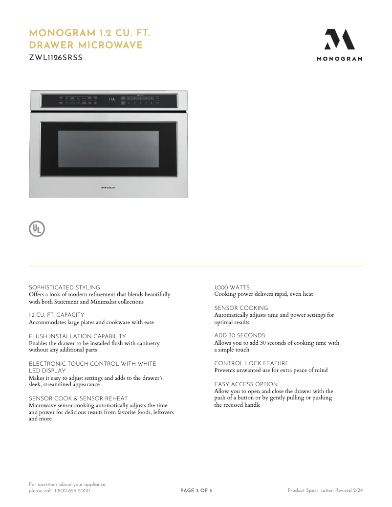 Page n°1 - Fiche technique Monogram ZWL1126SRSS