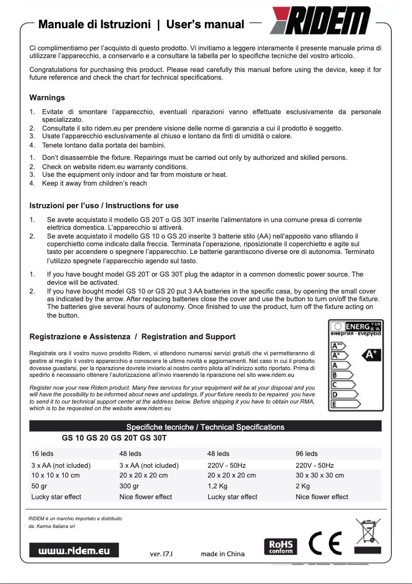 Page 1 de la notice Manuel utilisateur Karma GS 20
