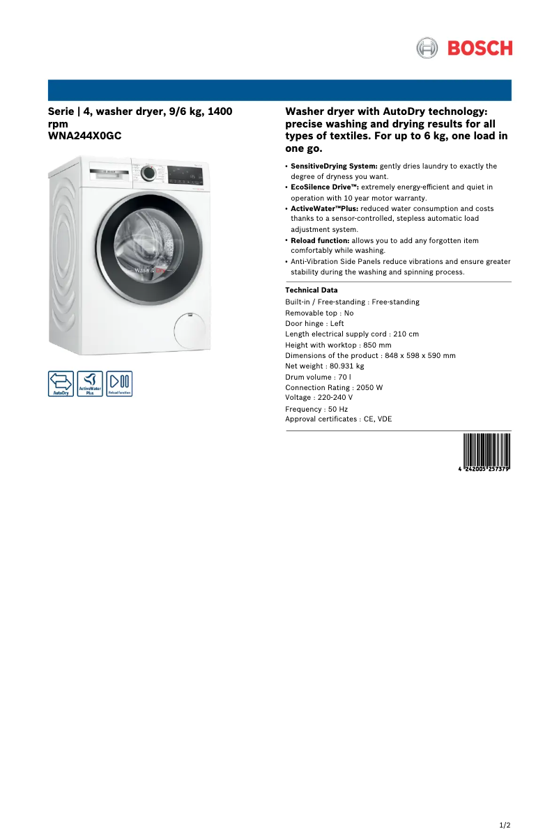 Image de la première page du manuel de l'appareil WNA244X0GC