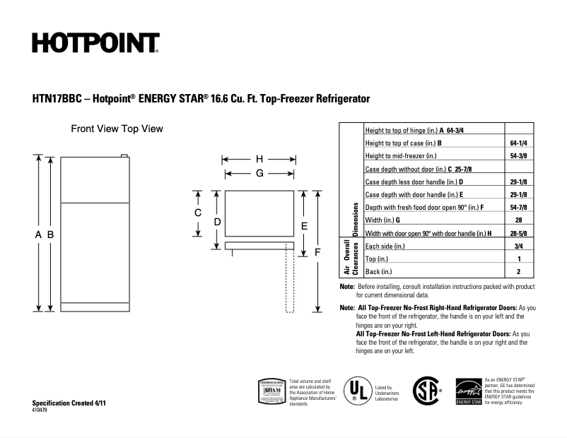 Page 1 de la notice Fiche technique Hotpoint HTN17BBCRCC