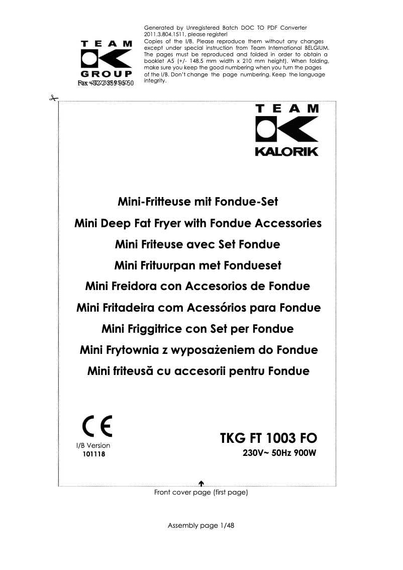Page 1 de la notice Manuel utilisateur Kalorik TKG FT 1003 FO