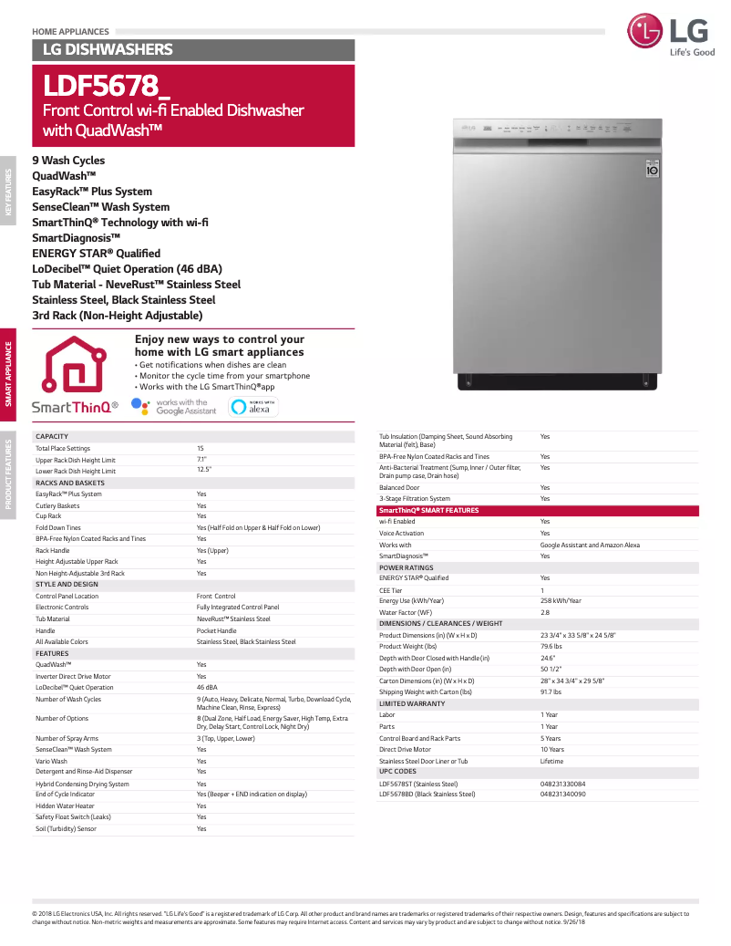 Page 1 de la notice Fiche technique LG LDF5678SS