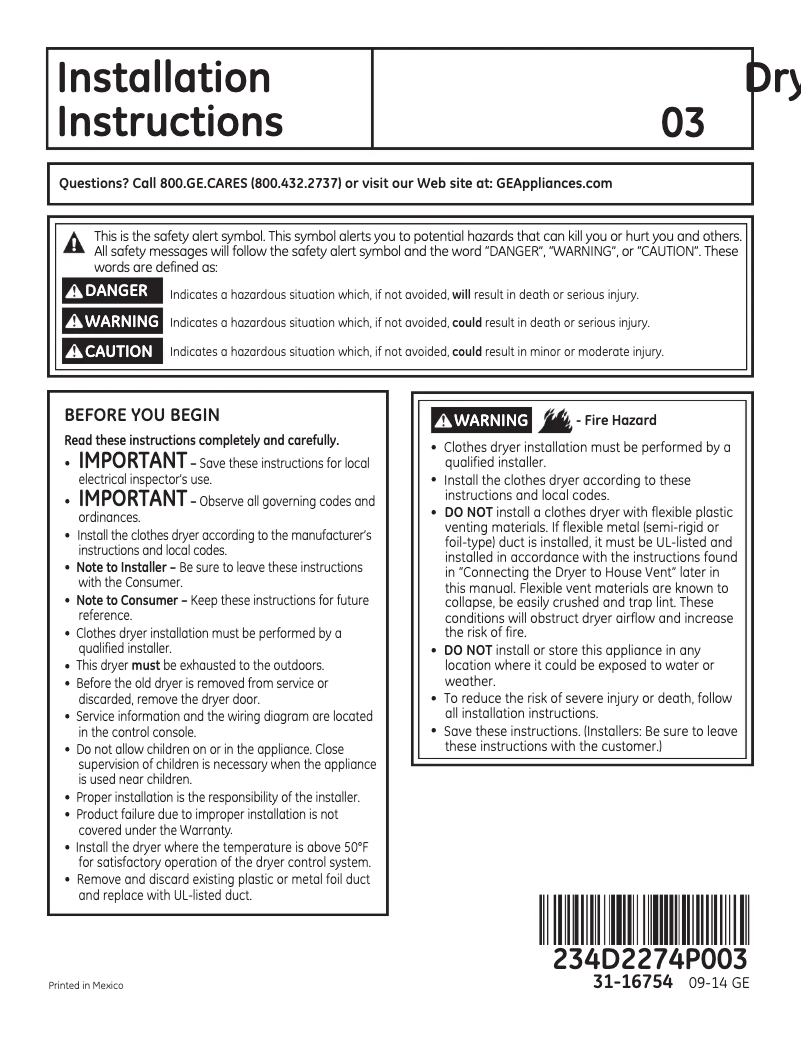 Page n°1 - Guide d'installation GE GFDS170EHWW