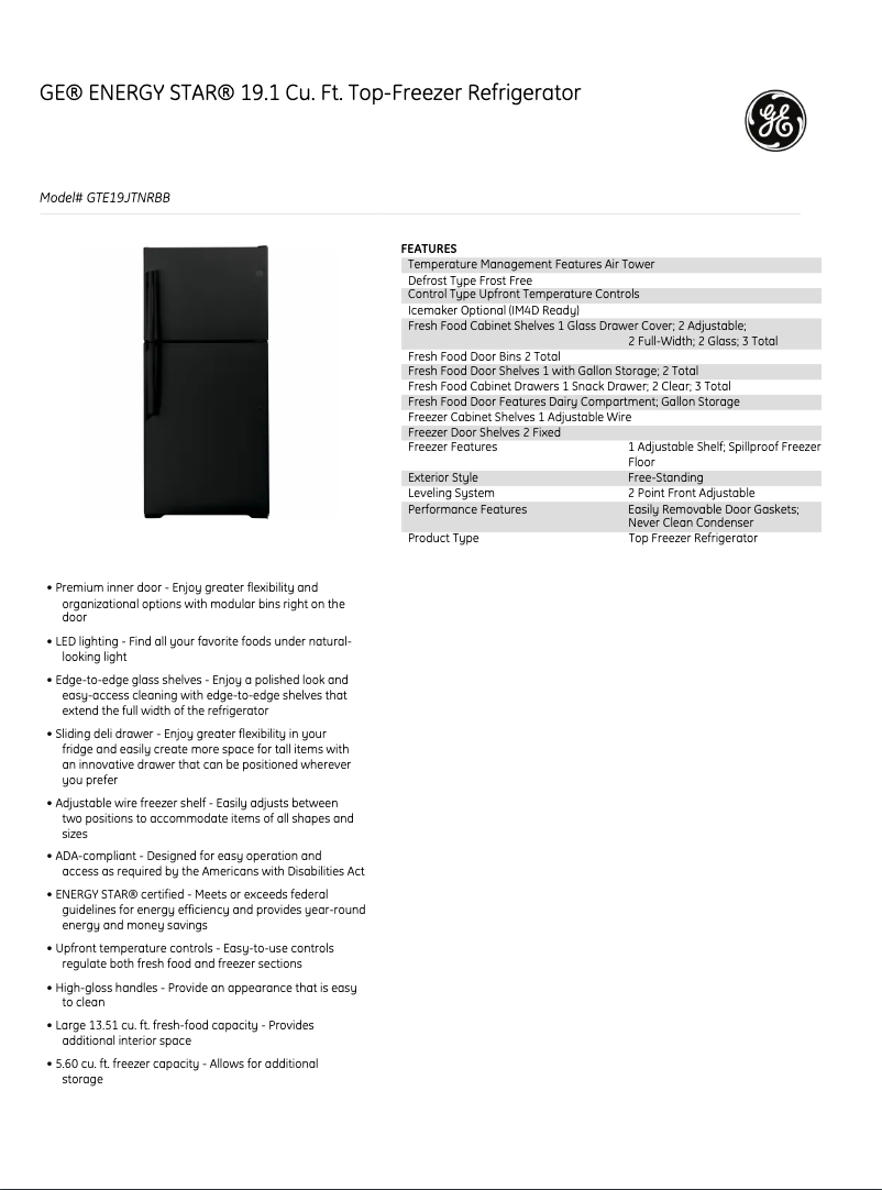 Page 1 de la notice Fiche technique GE GTE19DTNRBB