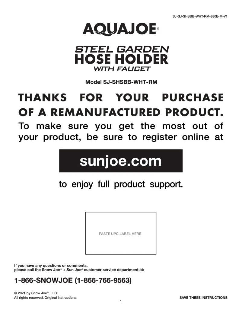 Page 1 of the manual User Manual Aqua Joe SJ-SHSBB-WHT-RM