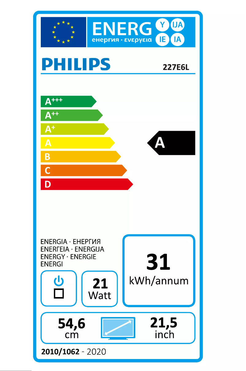 Page n°1 - Label énergétique Philips 227E6LDSD