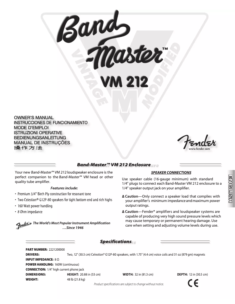 Page 1 de la notice Manuel utilisateur Fender Band-Master VM 212 Enclosure