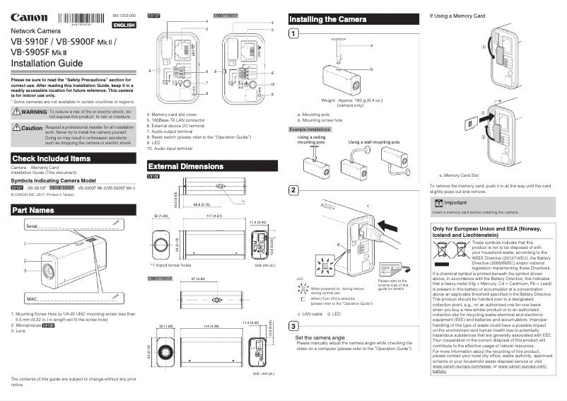 Page 1 de la notice Guide d'installation Canon VB-S905F Mk II