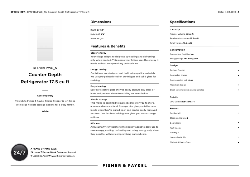 Page 1 de la notice Fiche technique Fisher & Paykel RF170BLPW6_N