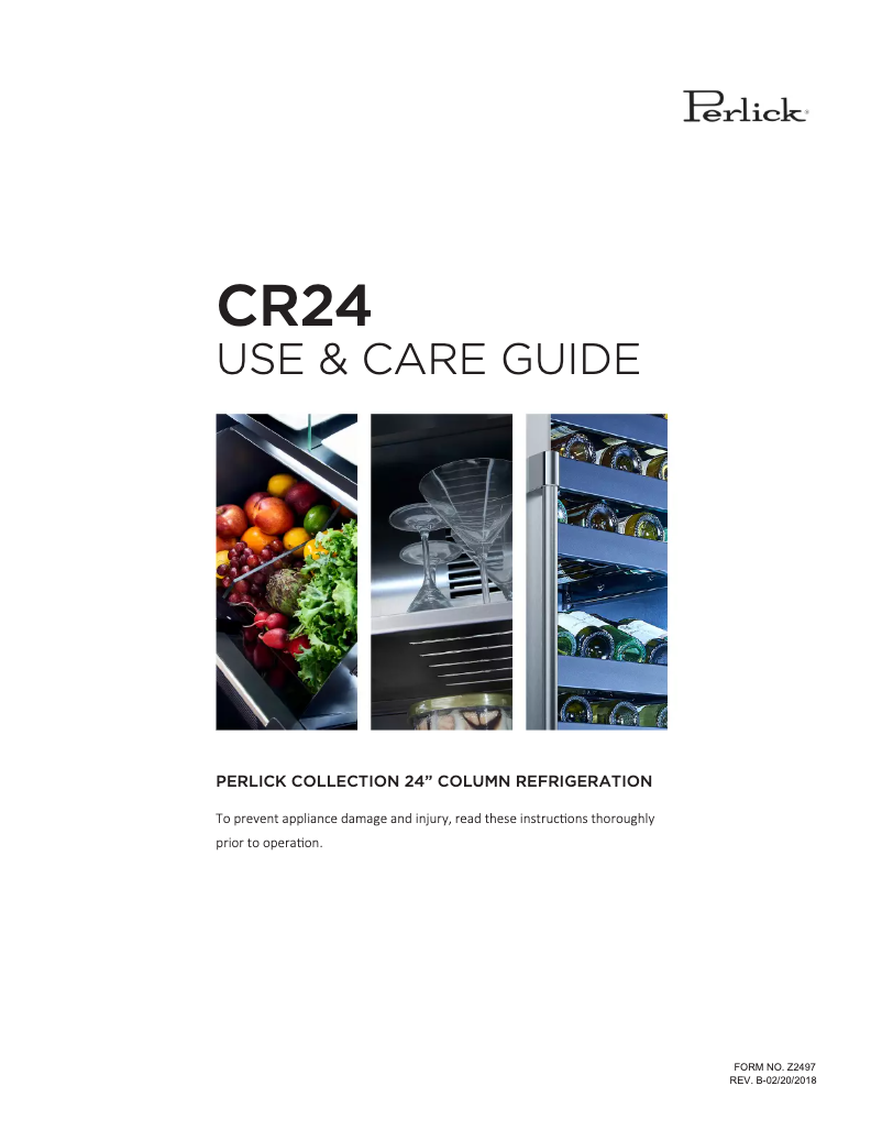 Page 1 de la notice Manuel d'utilisation et d'entretien Perlick CR24W-1-4L