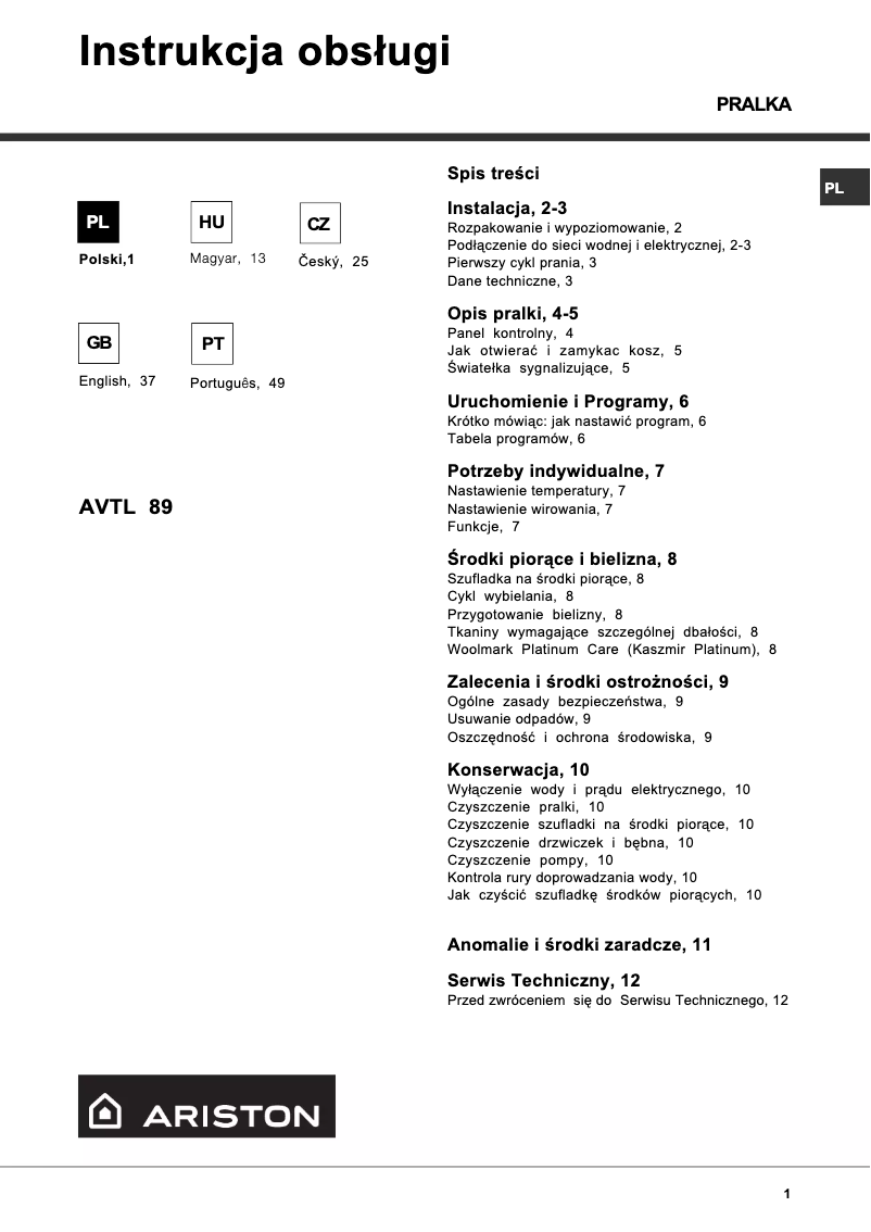 Page n°1 - Manuel utilisateur Ariston Thermo AVTL89