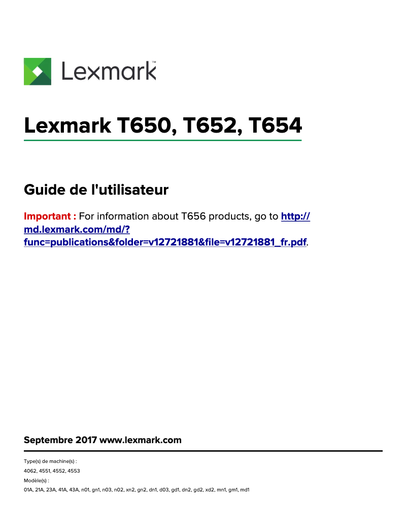 Page 1 de la notice Manuel utilisateur Lexmark T652