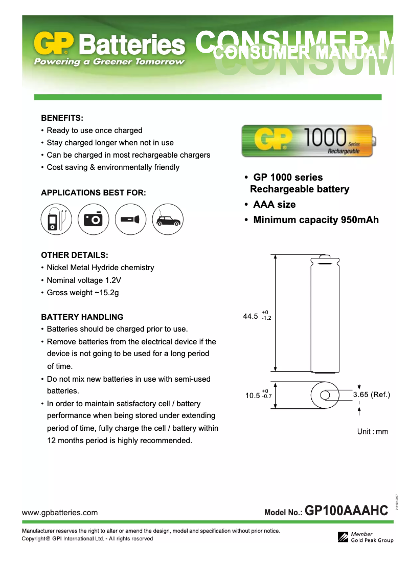 Image de la première page du manuel de l'appareil AAA 950mAh