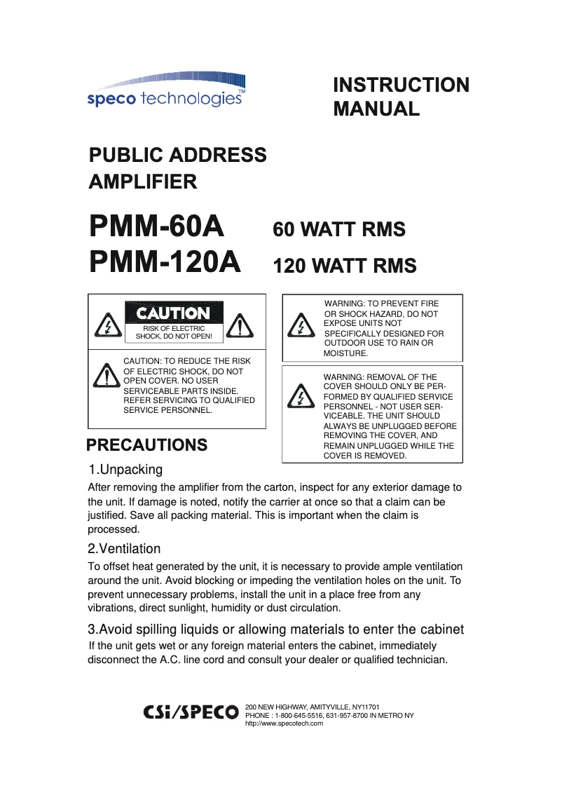 Page n°1 - Manuel utilisateur Speco Technologies PMM-120A