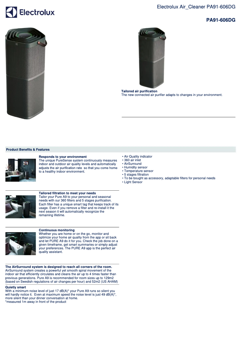 Page 1 de la notice Fiche technique Electrolux Pure A9