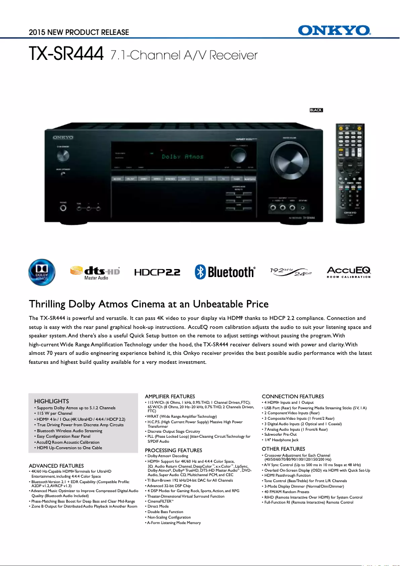 Page n°1 - Fiche technique Onkyo TX-SR444