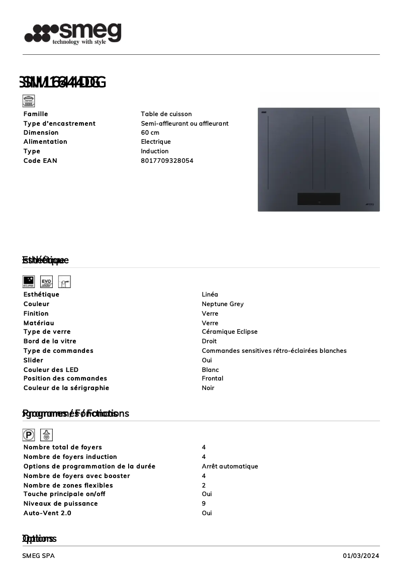 Página 1 del manual Ficha técnica Smeg SIM1644DG