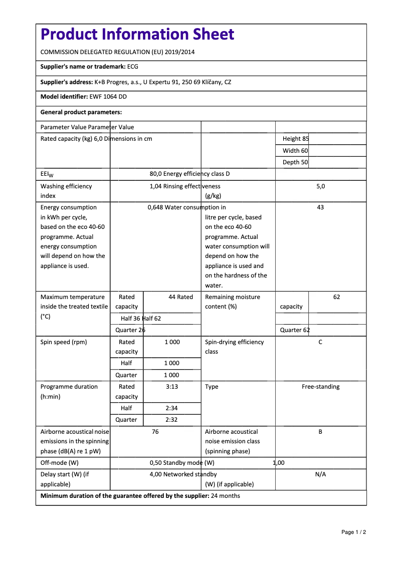 Page 1 de la notice Fiche technique ECG EWF 1064 DD