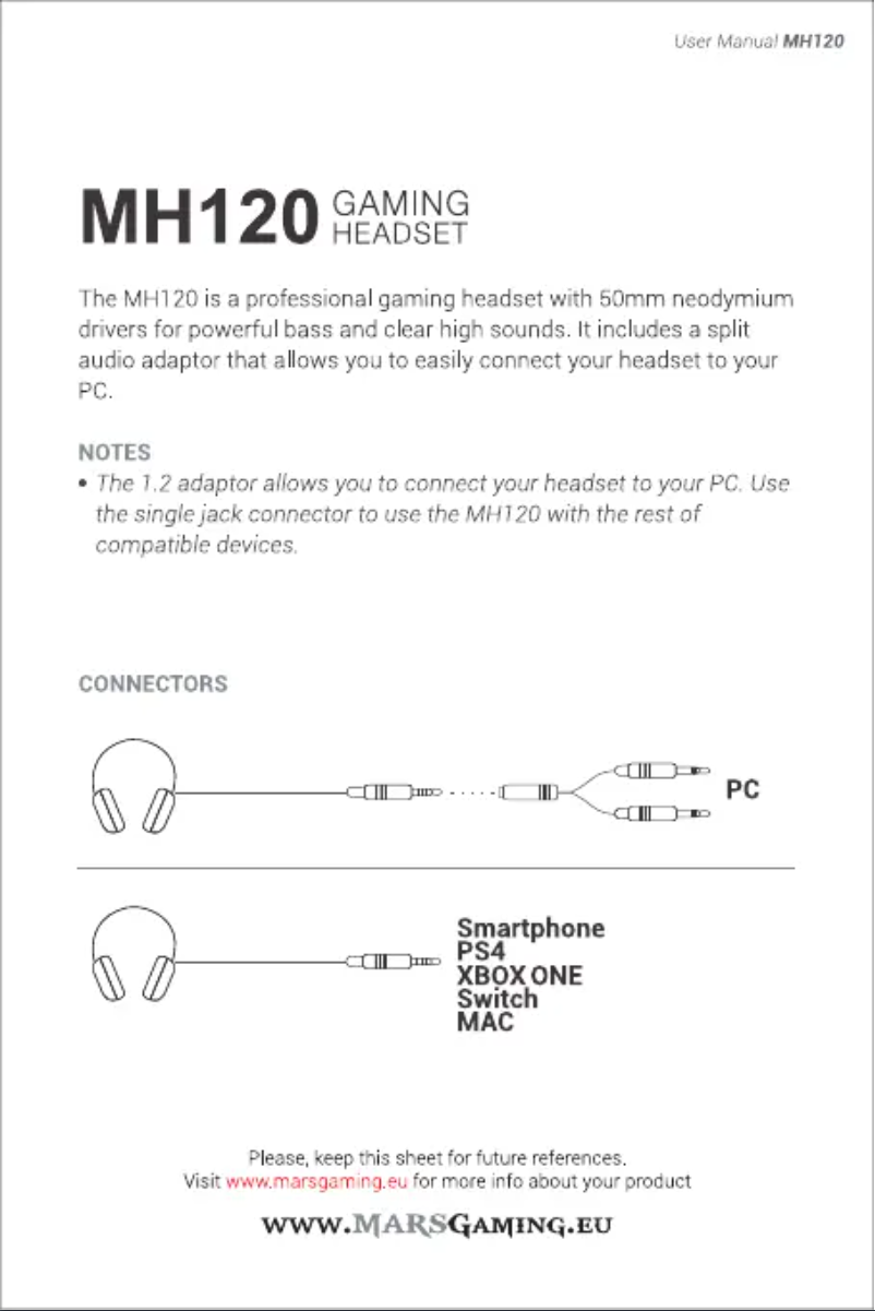 Page 1 de la notice Manuel utilisateur Mars Gaming MH120