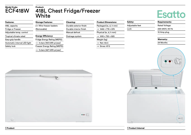Page 1 de la notice Fiche technique Esatto ECF418W