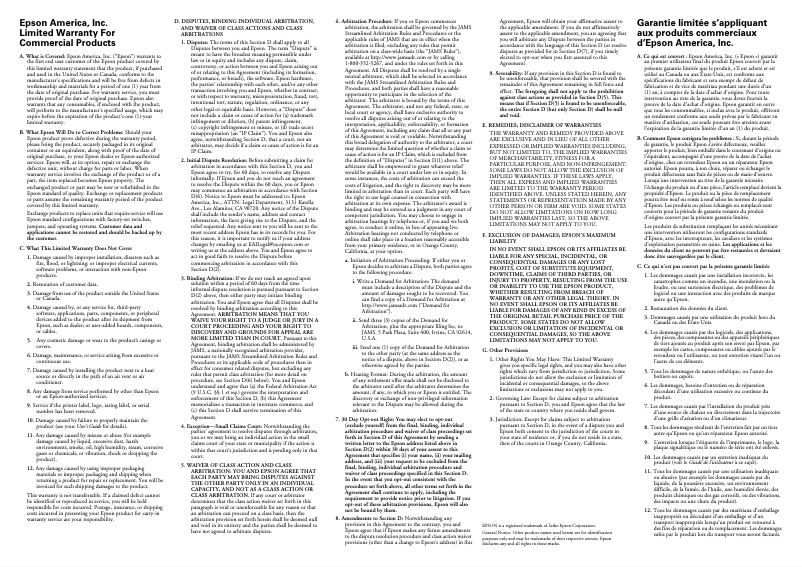 Page n°1 - Informations de garantie Epson TM-T20II