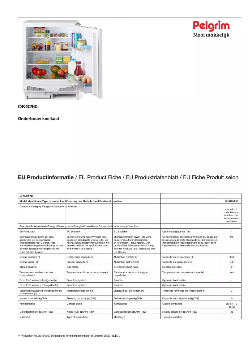 Page 1 de la notice Fiche technique Pelgrim OKG260