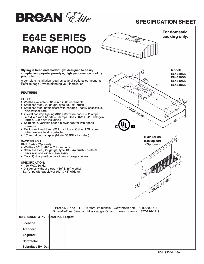 Page 1 de la notice Fiche technique Broan E64E48SS