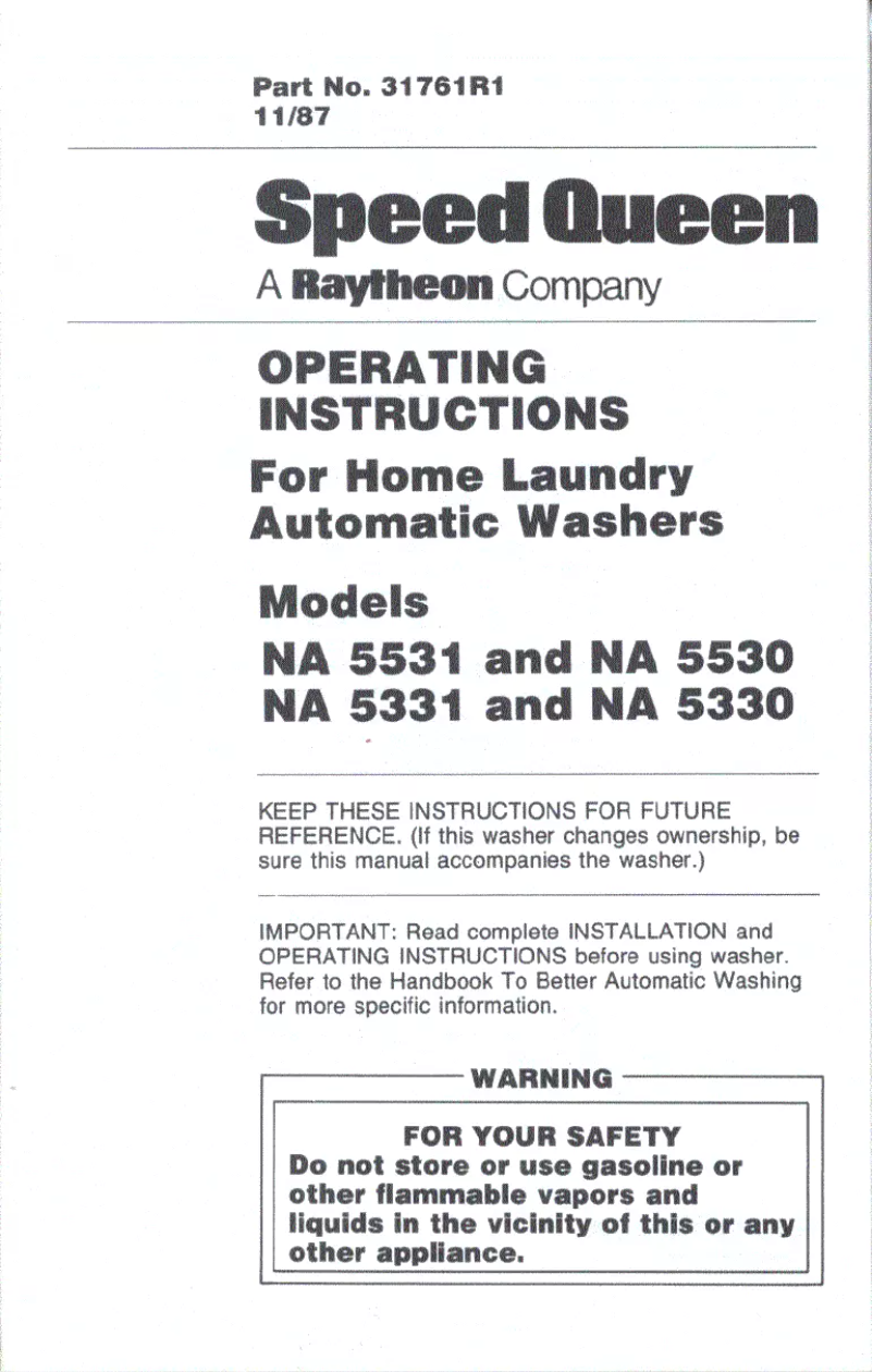 Page n°1 - Manuel utilisateur Speed Queen NA5530W