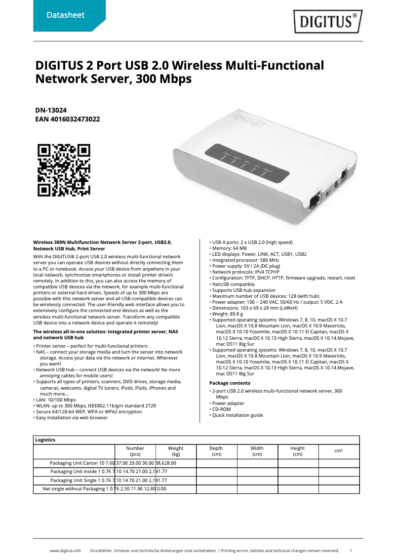 Page 1 de la notice Fiche technique Digitus DN-13024