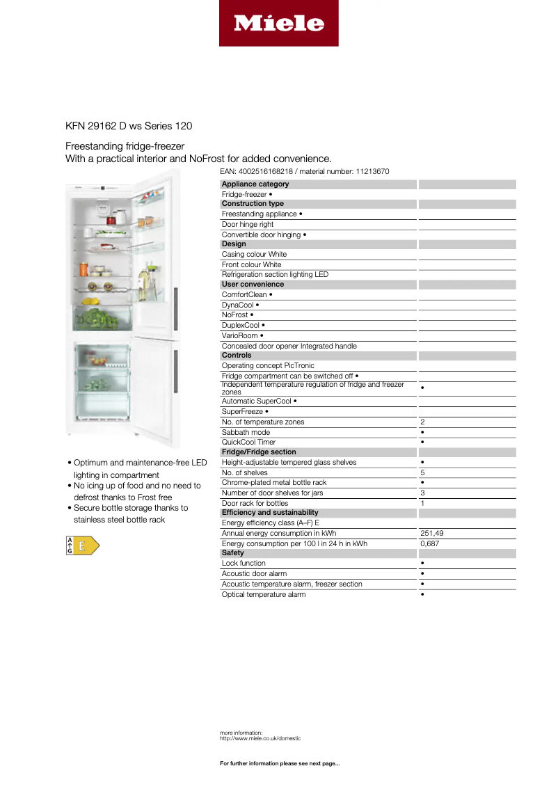 Page 1 de la notice Fiche technique Miele KFN 29162 D ws Series 120