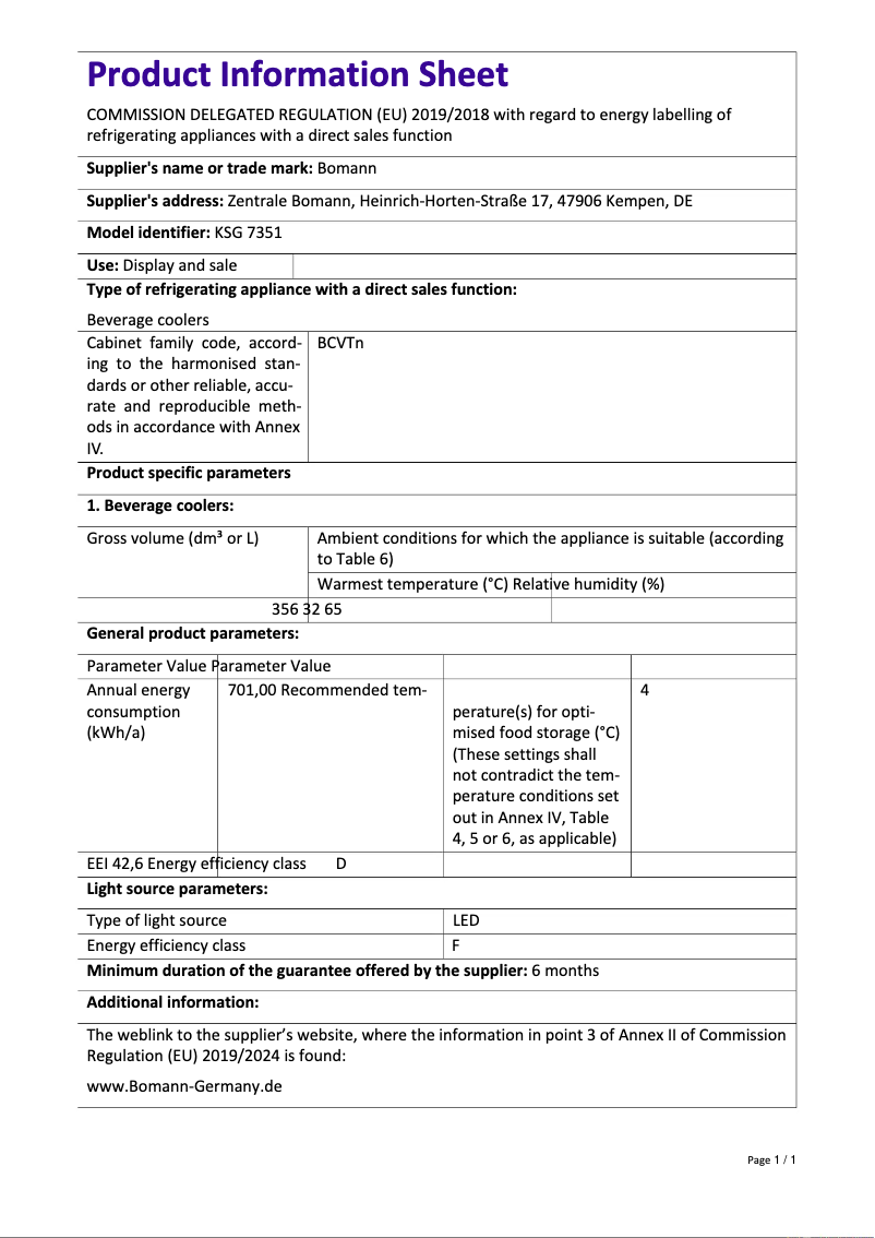 Page 1 de la notice Fiche technique Bomann KSG 7351