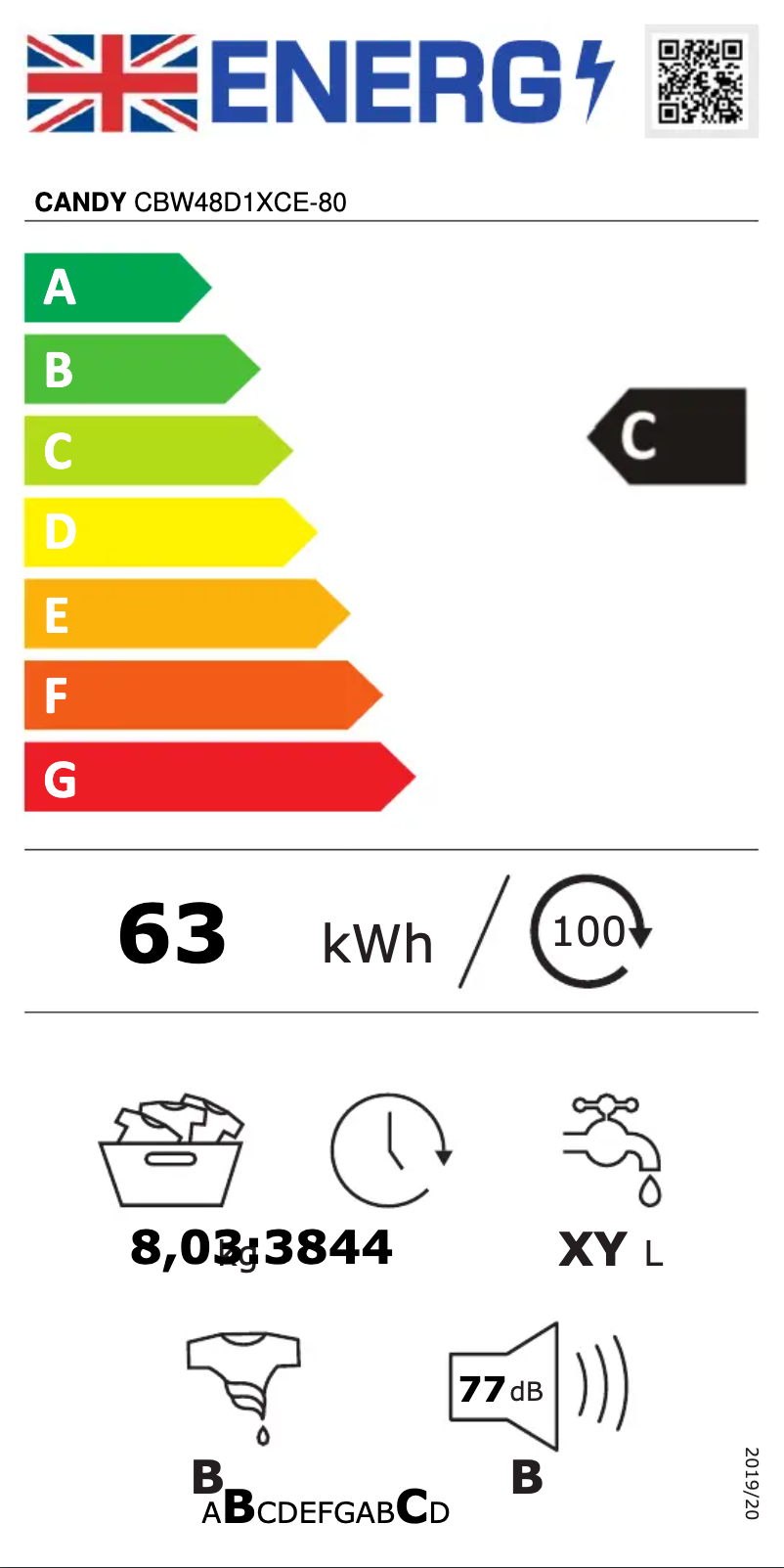 Page 1 de la notice Label énergétique Candy CBW48D1XCE-80