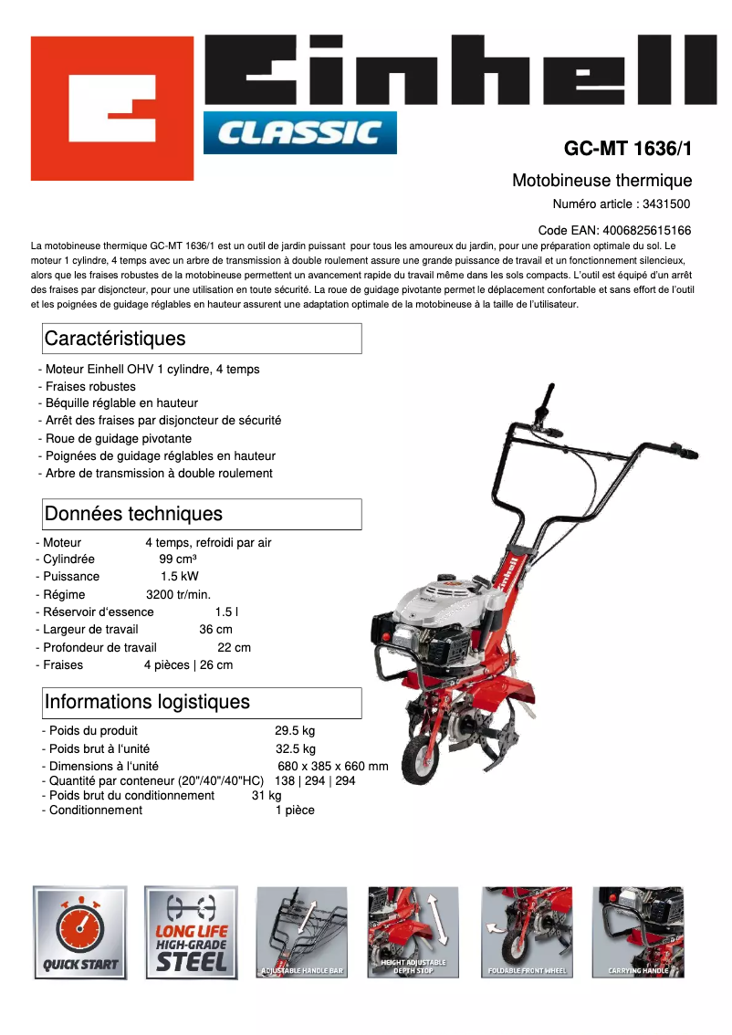 Page 1 de la notice Fiche technique Einhell GC-MT 1636/1