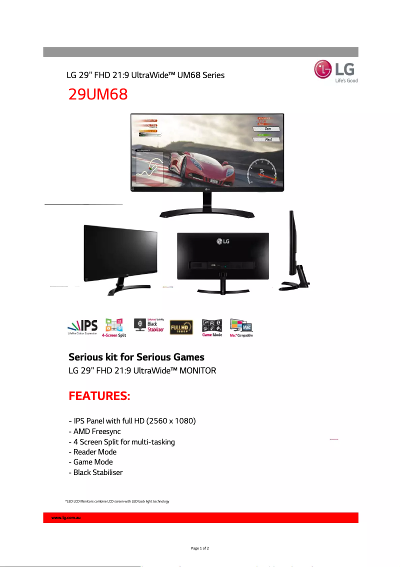 Página 1 del manual Ficha técnica LG 29UM68