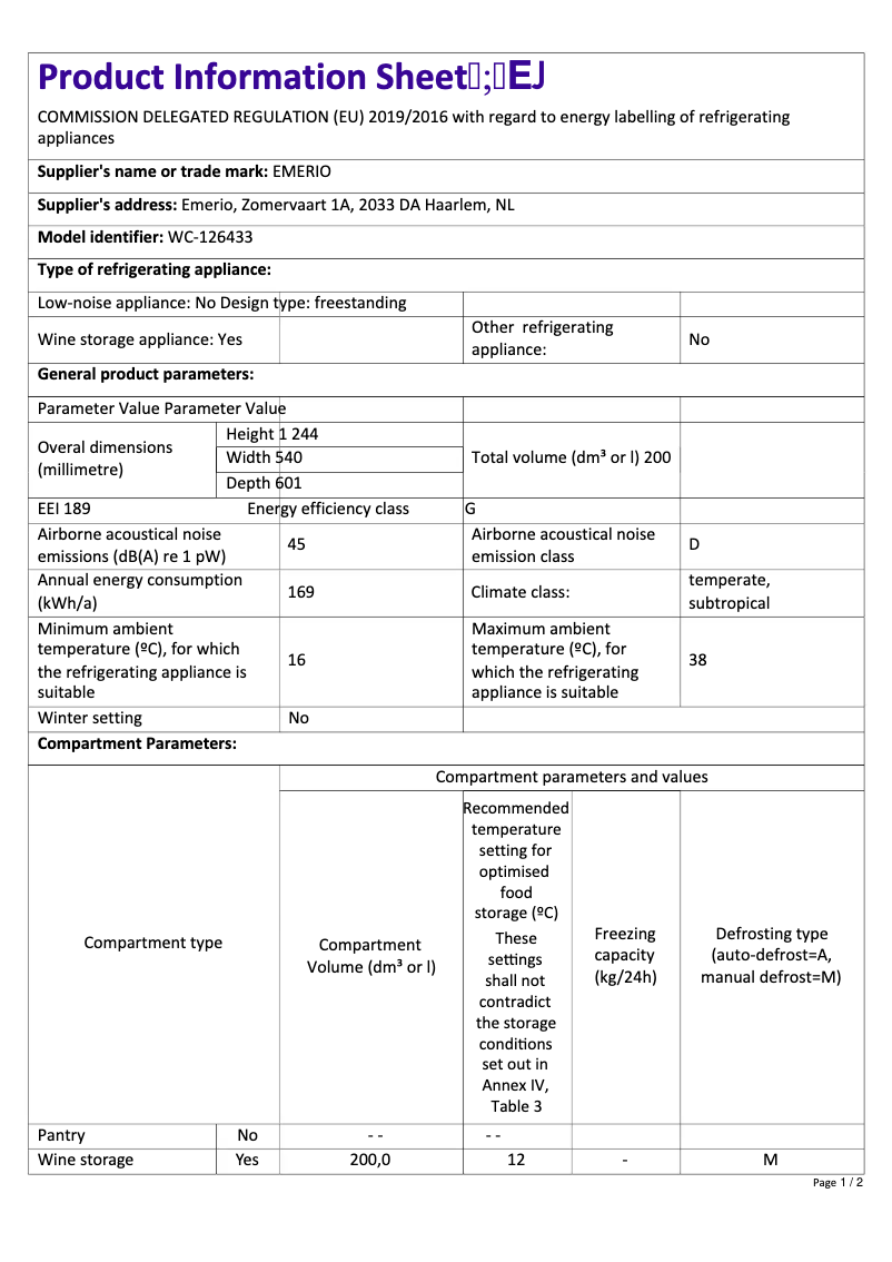 Page 1 de la notice Fiche technique Emerio WC-126433