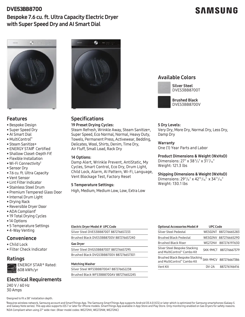 Page 1 de la notice Fiche technique Samsung DVE53BB8700V