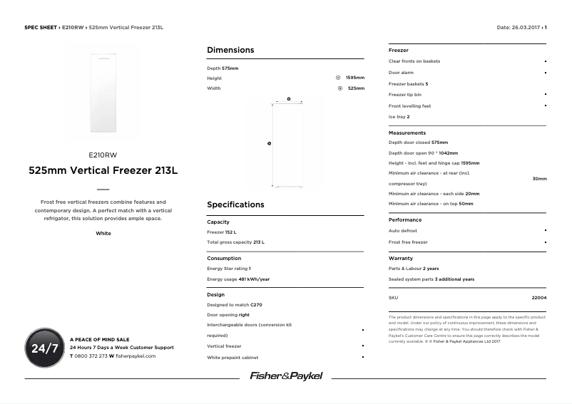 Page n°1 - Fiche technique Fisher & Paykel E210RWH