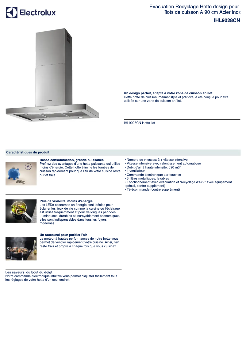 Page 1 de la notice Fiche technique Electrolux IHL9028CN