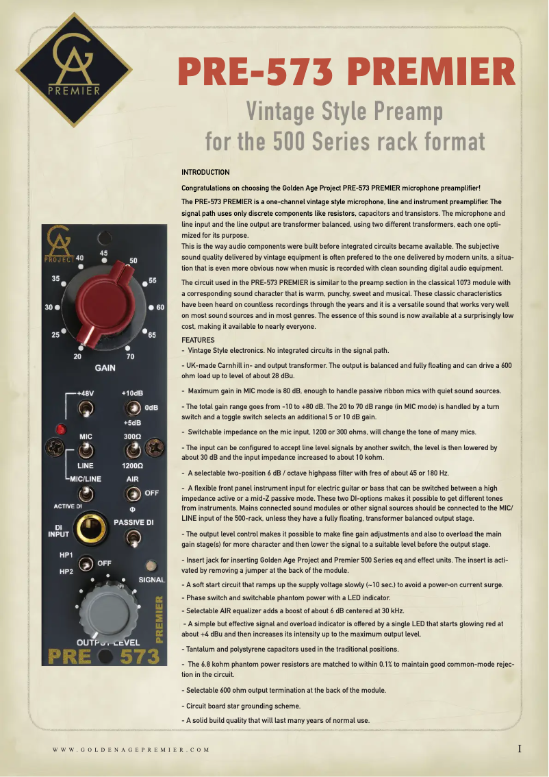 Página 1 del manual Manual de usuario Golden Age Project PRE-573 Premier 500 Series 1073-Style Microphone Preamp