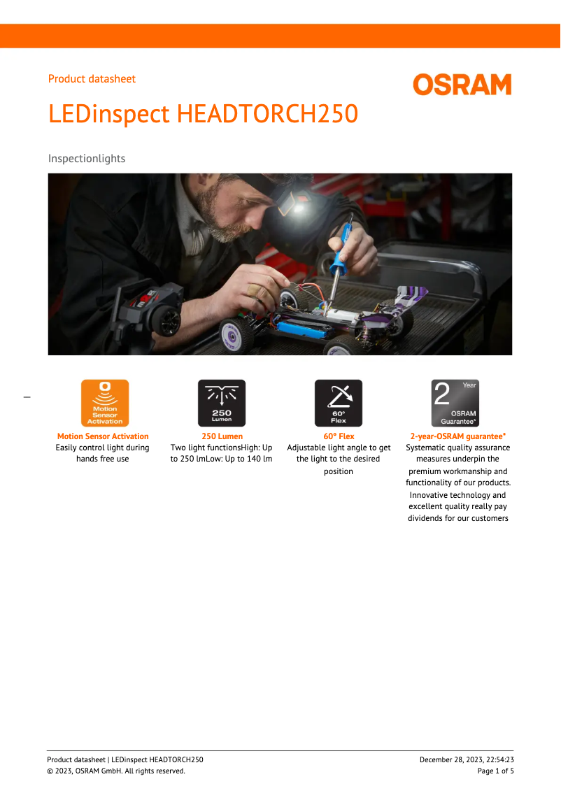 Page n°1 - Fiche technique Osram LEDinspect HEADTORCH250