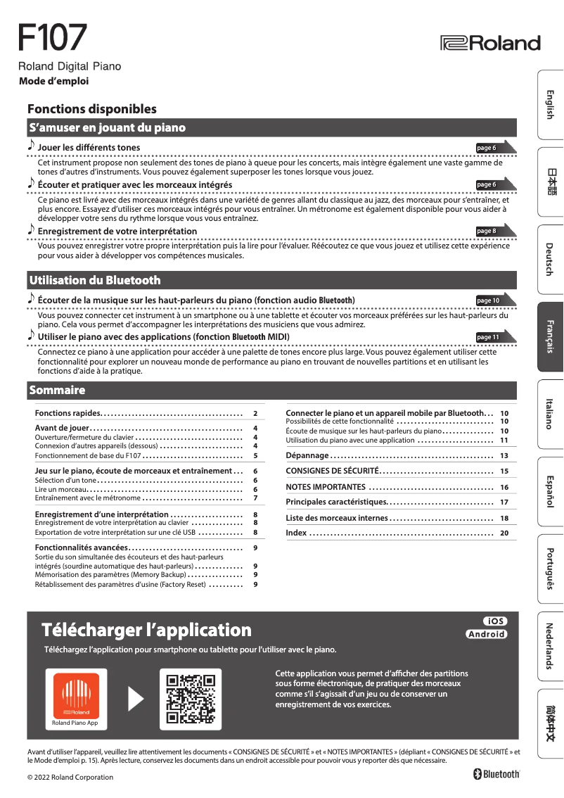 Page 1 de la notice Manuel utilisateur Roland F107