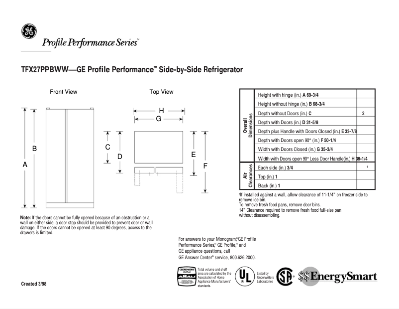 Page 1 de la notice Fiche technique GE Profile Performance TFX27PPBWW