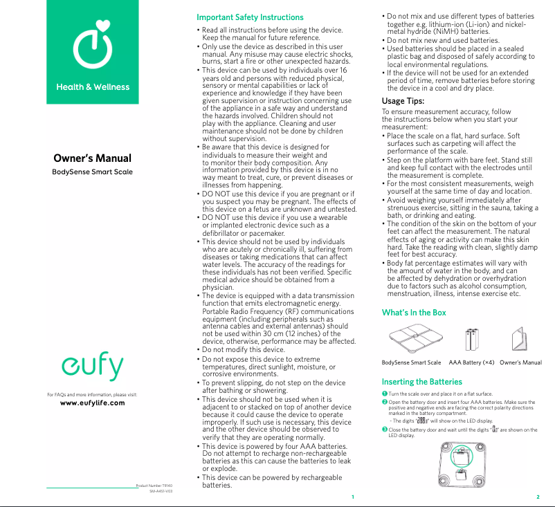 Page 1 de la notice Manuel utilisateur Eufy BodySense Smart Scale